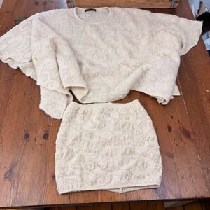 Caamaño 100% Alpaca Wool 2 Piece Set Poncho Sweater & Skirt Cream Ivory Peru